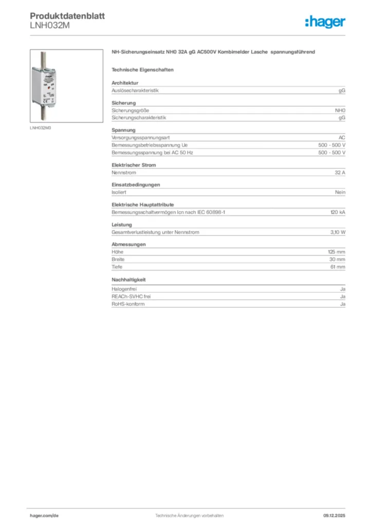 Hager Produktdatenblatt LNH032M