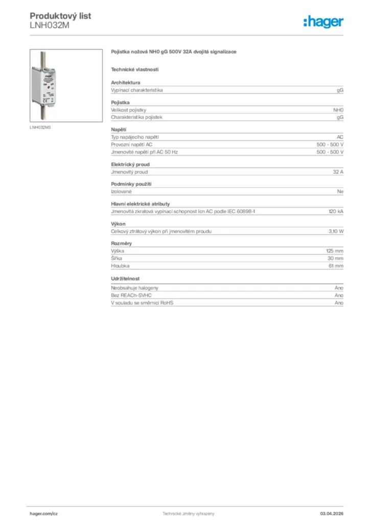 Obrázek Hager Product data sheet LNH032M | Hager