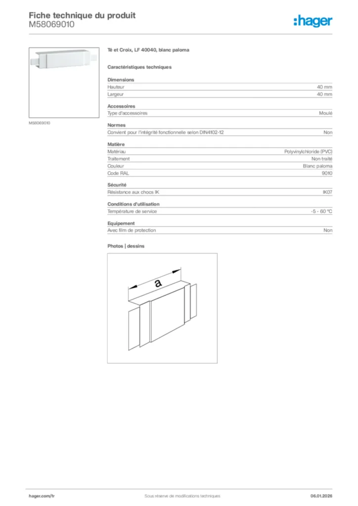 Image Hager Fiche technique du produit M58069010 | Hager France