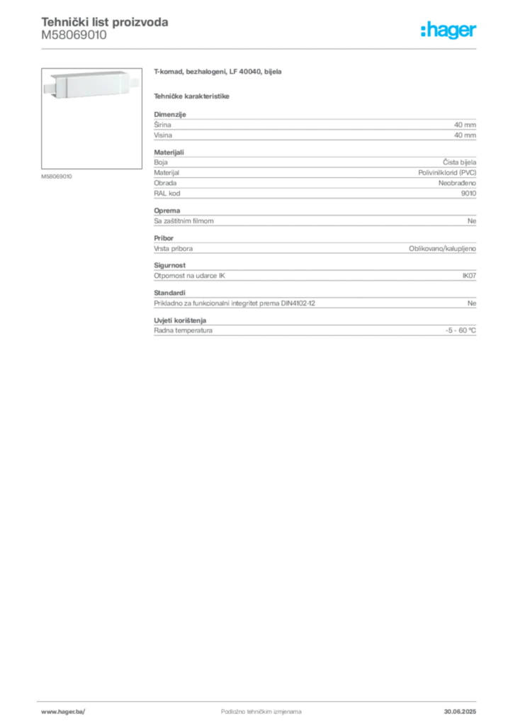 Slika Hager Product data sheet M58069010  | Hager