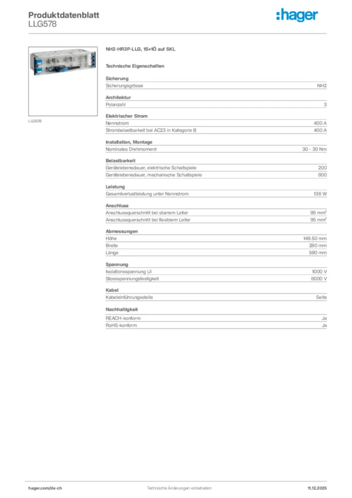 Bild Hager Produktdatenblatt LLG578 | Hager Schweiz