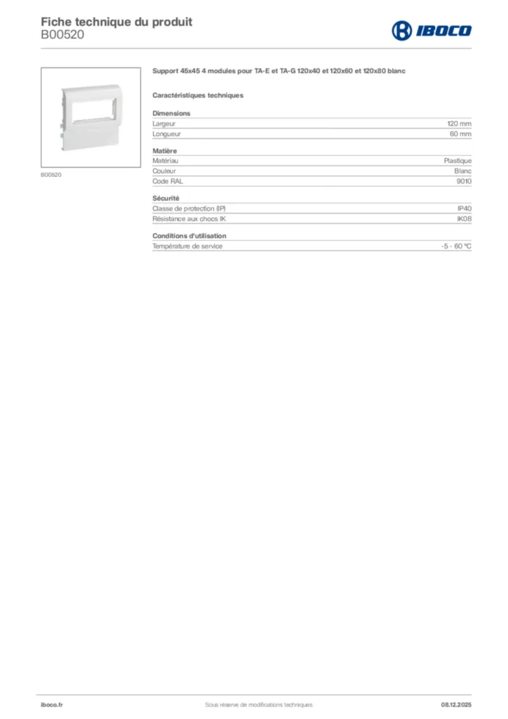 Image Iboco Fiche technique du produit B00520 | Hager France