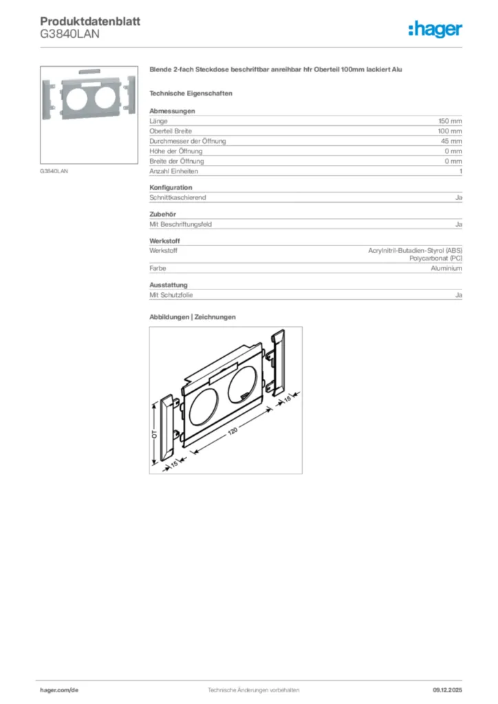 Bild Hager Produktdatenblatt G3840LAN | Hager Deutschland