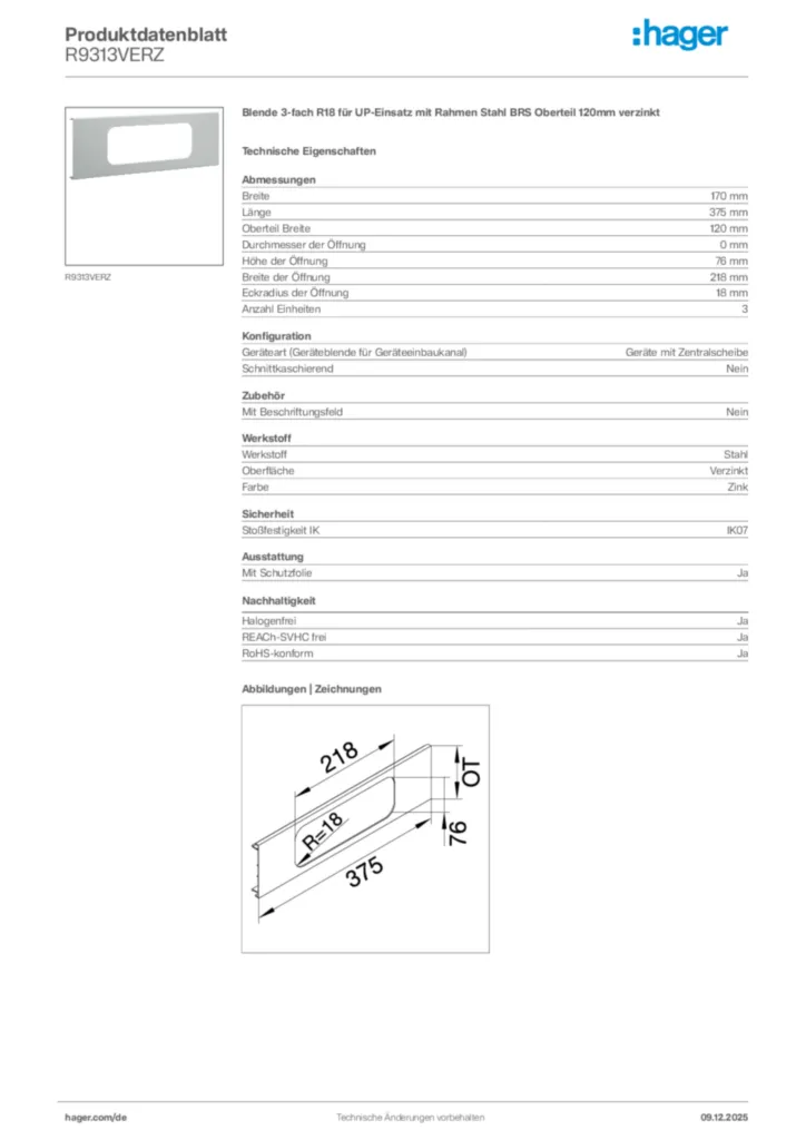 Hager Produktdatenblatt R9313VERZ