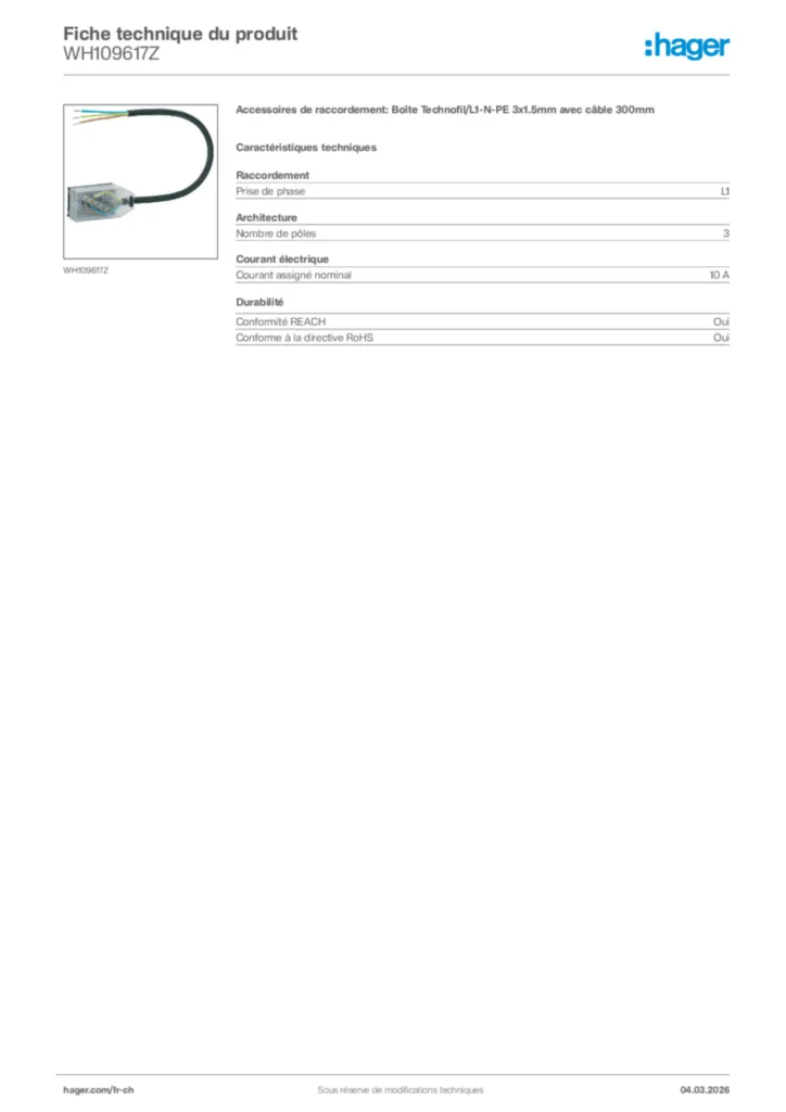Image Hager Fiche technique du produit WH109617Z | Hager Suisse