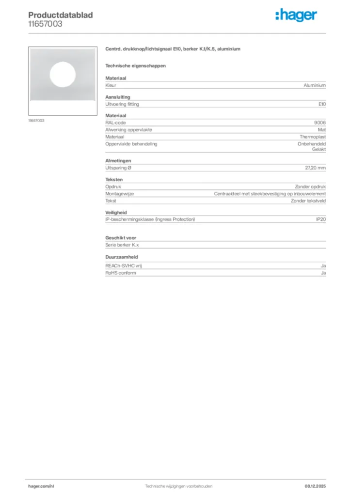 Afbeelding Hager Productdatablad 11657003 | Hager Nederland