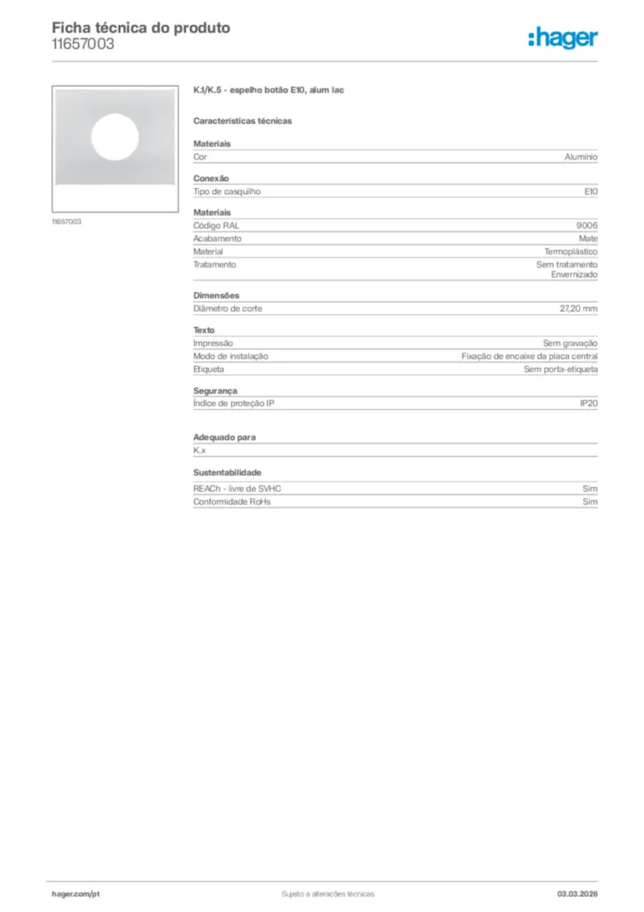 Imagem Hager Ficha técnica do produto 11657003 | Hager Portugal