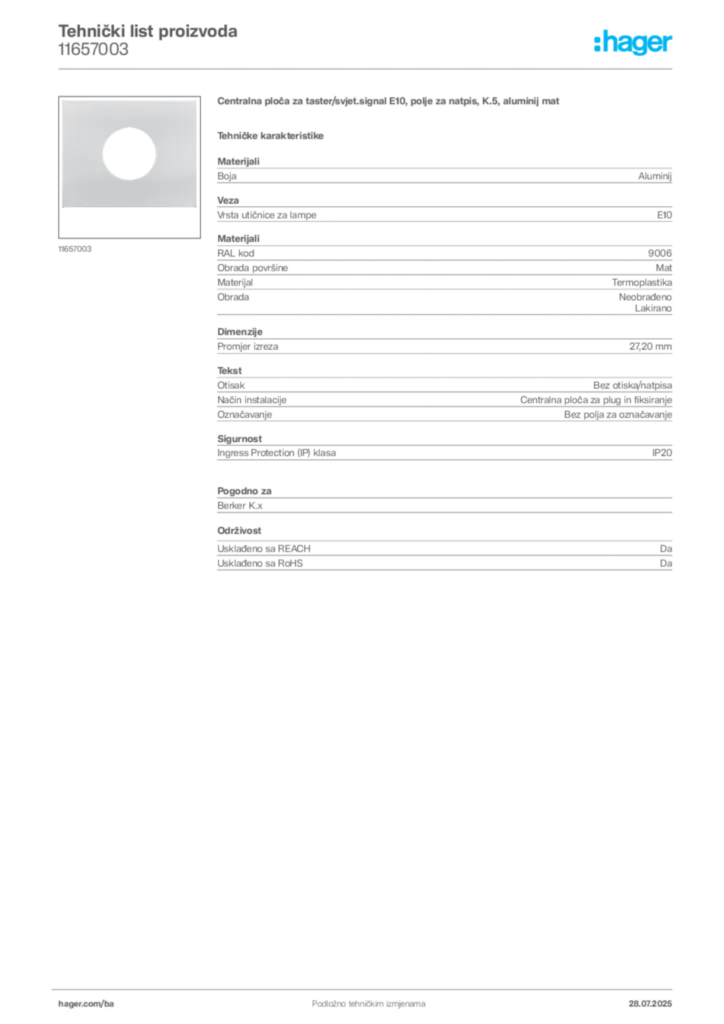 Slika Hager Product data sheet 11657003  | Hager