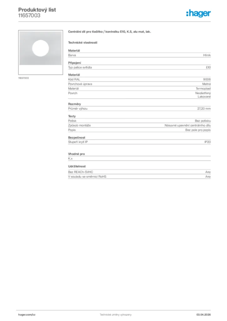 Obrázek Hager Product data sheet 11657003 | Hager