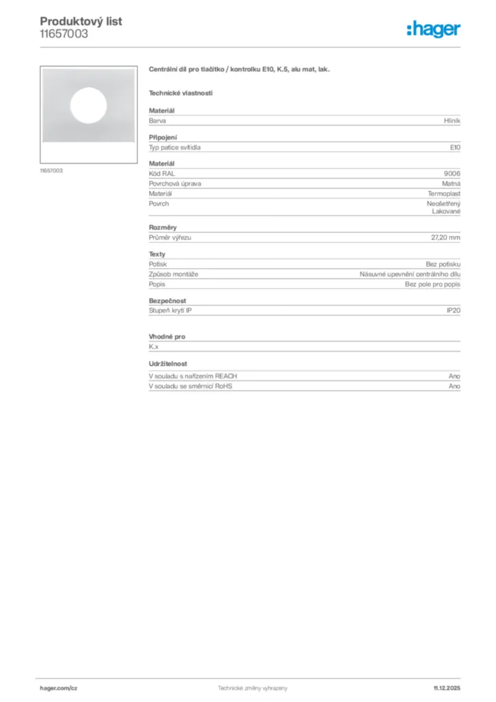 Obrázek Hager Produktový list 11657003 | Hager