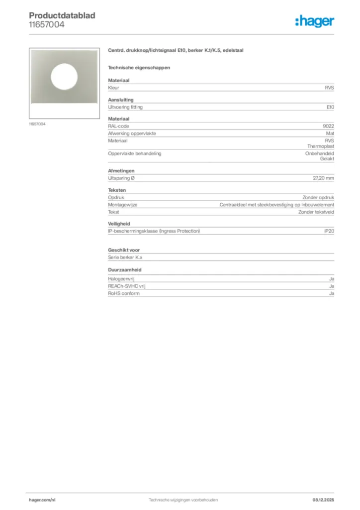 Afbeelding Hager Productdatablad 11657004 | Hager Nederland