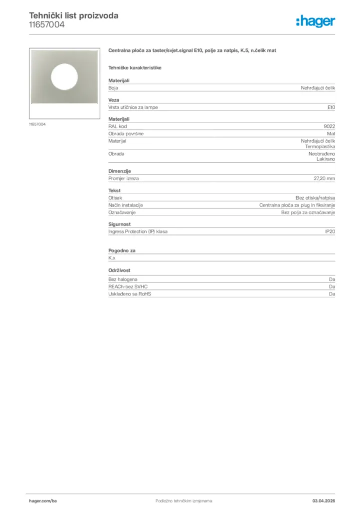 Slika Hager Tehnički list proizvoda 11657004  | Hager