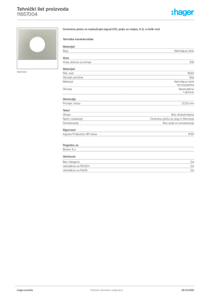 Slika Hager Product data sheet 11657004  | Hager
