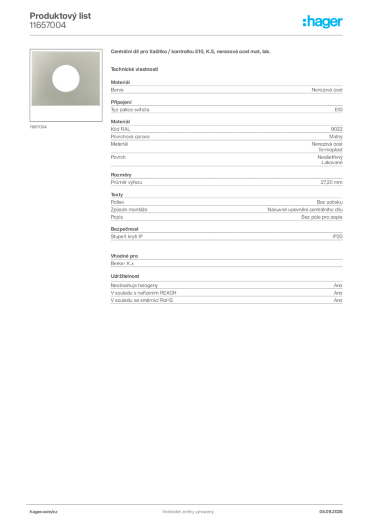 Obrázek Hager Produktový list 11657004 | Hager