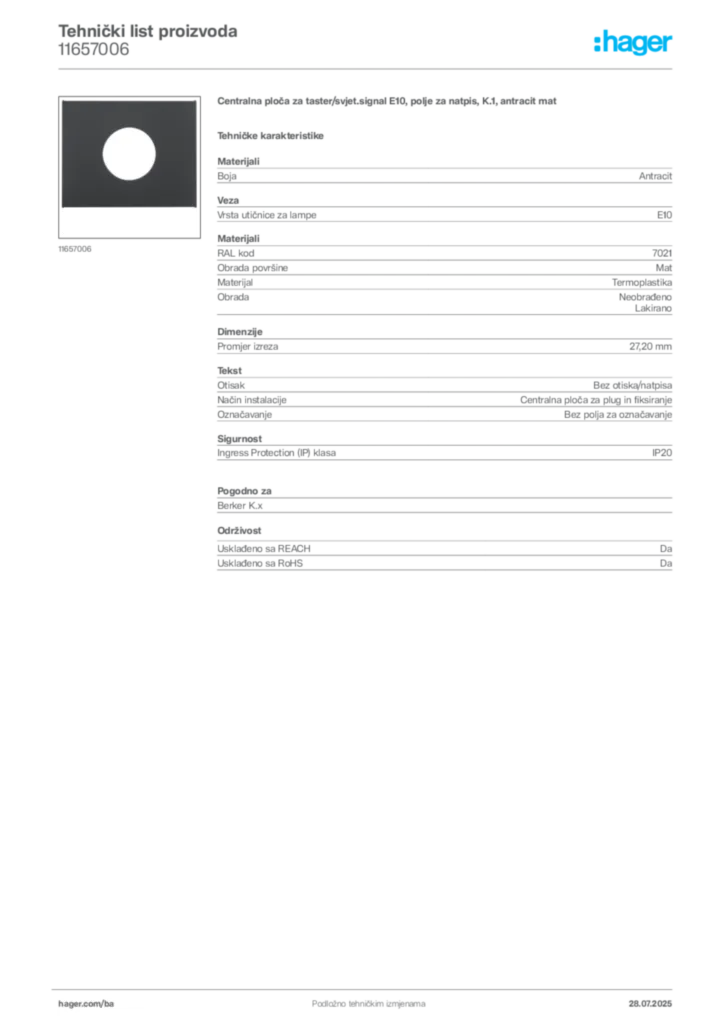 Slika Hager Product data sheet 11657006  | Hager