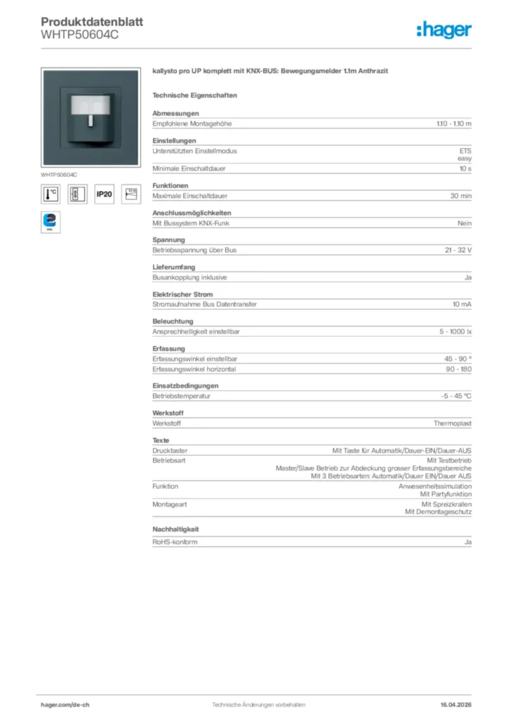 Bild Hager Produktdatenblatt WHTP50604C | Hager Schweiz