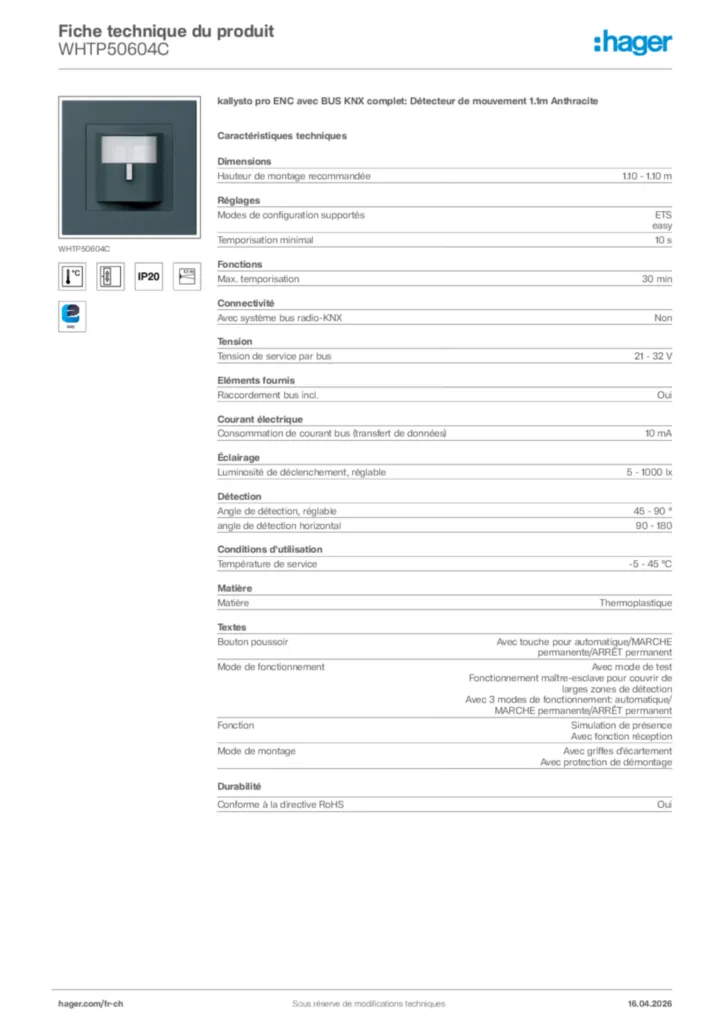 Image Hager Fiche technique du produit WHTP50604C | Hager Suisse