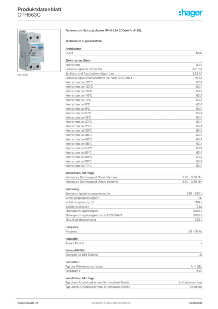 Bild Hager Produktdatenblatt CPH563C | Hager Schweiz