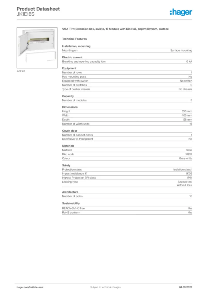 Image Hager Product data sheet JK1E16S  | Hager