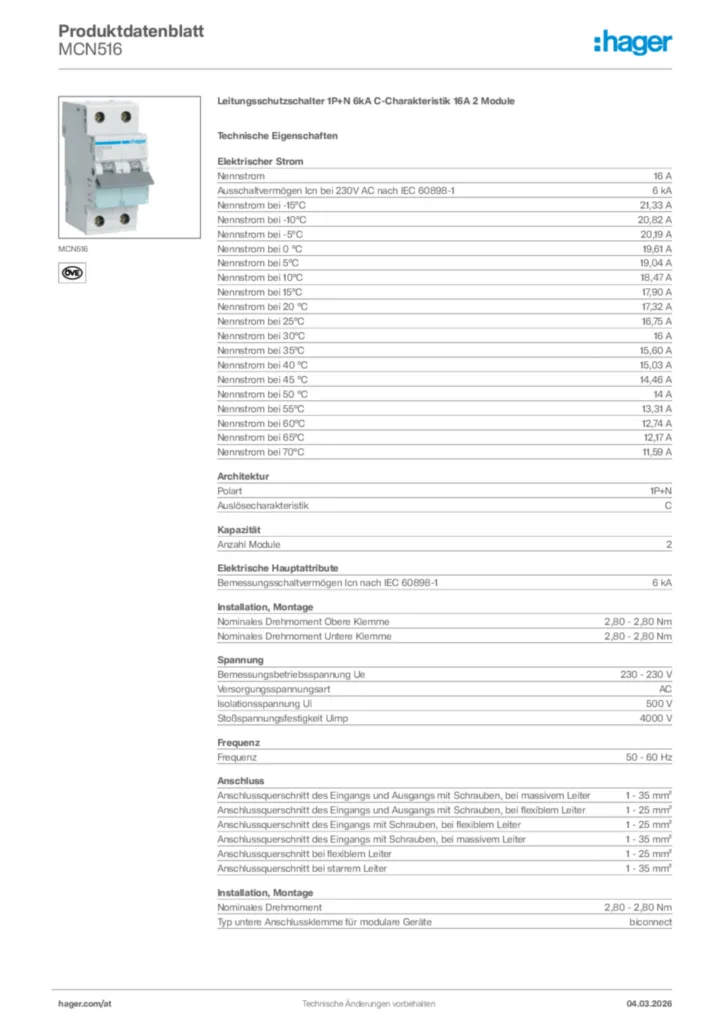 Bild Hager Produktdatenblatt MCN516 | Hager Deutschland