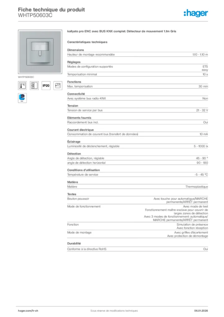 Image Hager Fiche technique du produit WHTP50603C | Hager Suisse