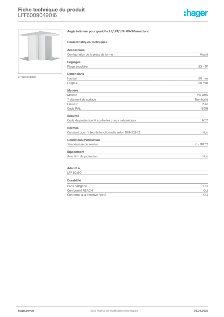 Image Hager Fiche technique du produit LFF6009049016 | Hager France