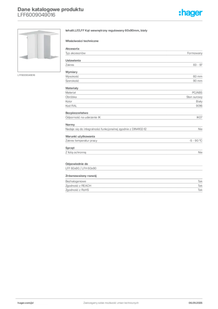 Zdjęcie Hager Dane katalogowe produktu LFF6009049016 | Hager Polska
