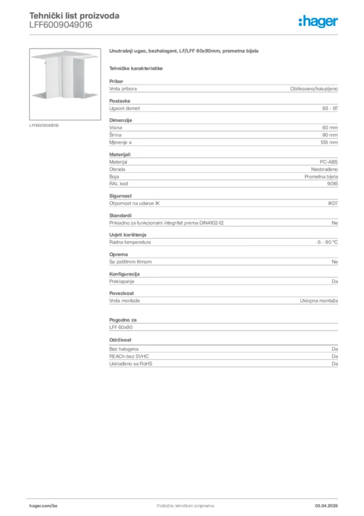 Slika Hager Tehnički list proizvoda LFF6009049016  | Hager
