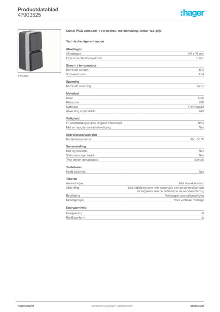 Afbeelding Hager Productdatablad 47903525 | Hager Nederland