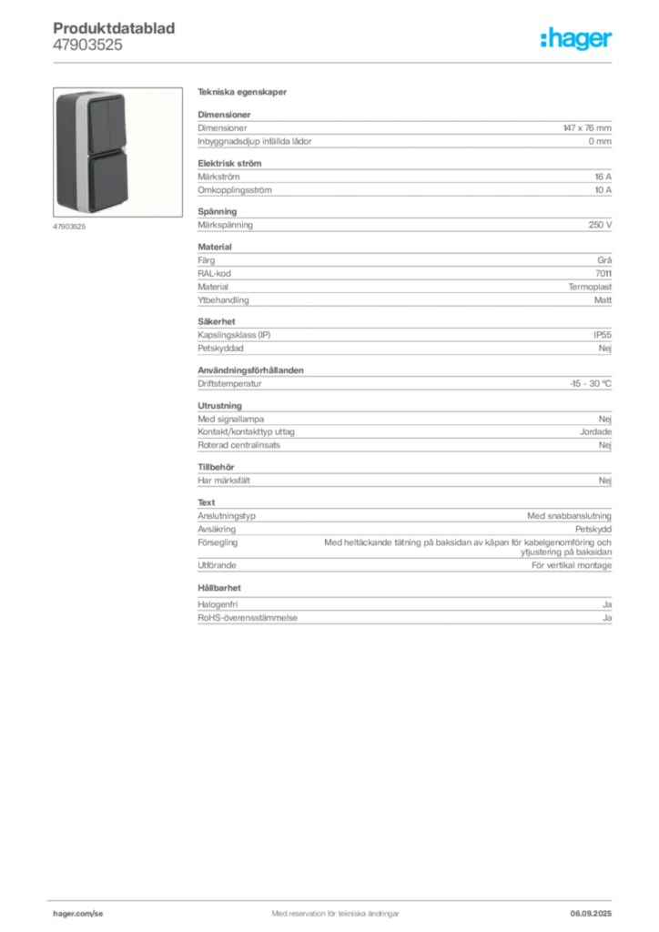 Bild Hager Produktdatablad 47903525 | Hager Sverige