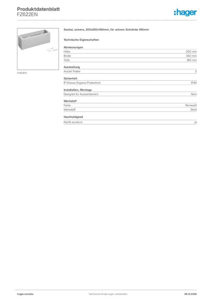 Bild Hager Produktdatenblatt FZ622EN | Hager Deutschland