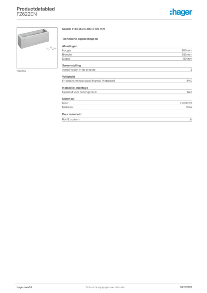 Afbeelding Hager Productdatablad FZ622EN | Hager Nederland