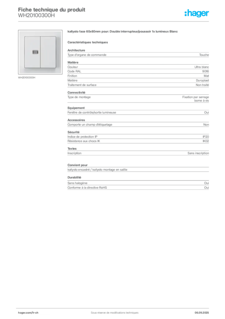 Image Hager Fiche technique du produit WH20100300H | Hager Suisse