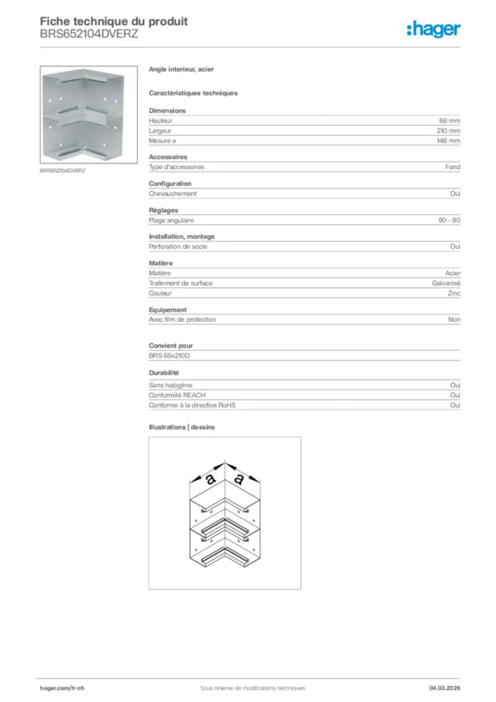 Image Hager Fiche technique du produit BRS652104DVERZ | Hager Suisse