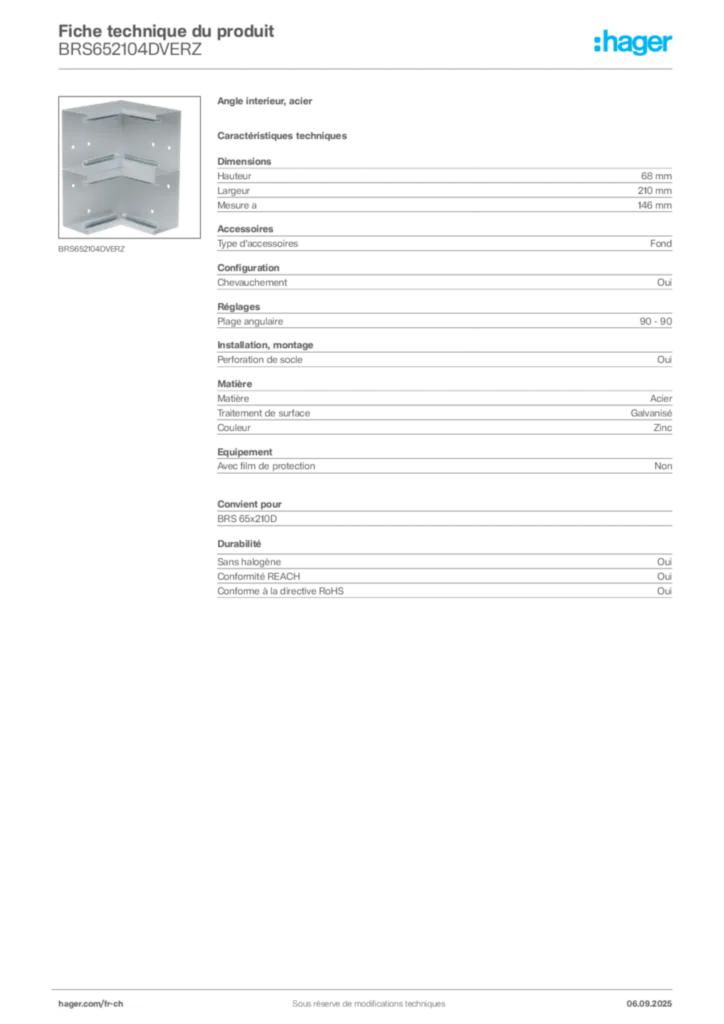 Image Hager Fiche technique du produit BRS652104DVERZ | Hager Suisse