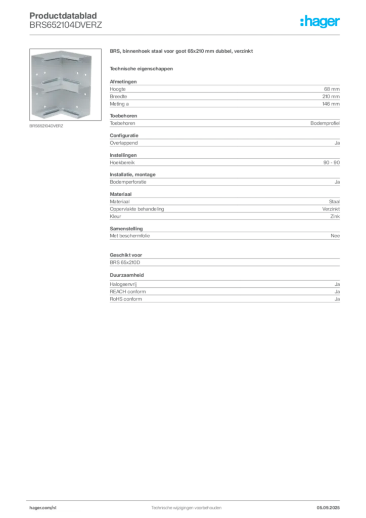 Afbeelding Hager Productdatablad BRS652104DVERZ | Hager Nederland