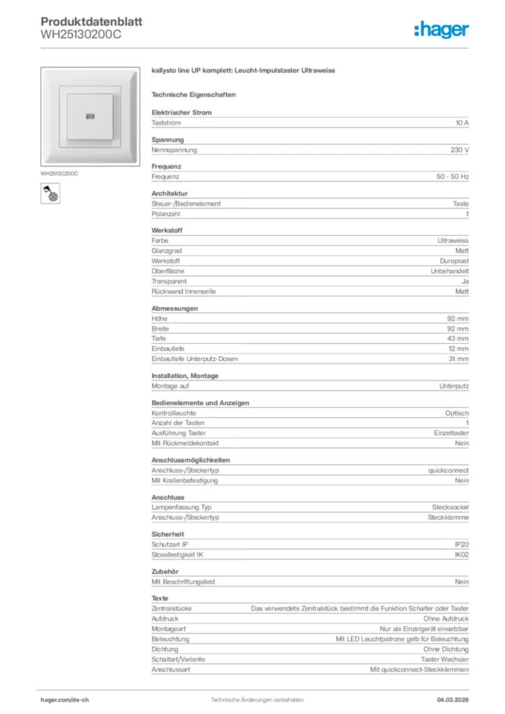 Bild Hager Produktdatenblatt WH25130200C | Hager Schweiz