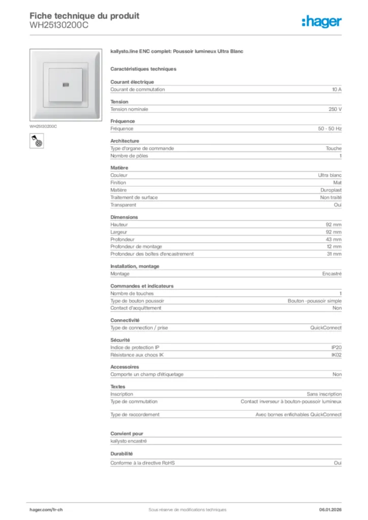 Image Hager Fiche technique du produit WH25130200C | Hager Suisse