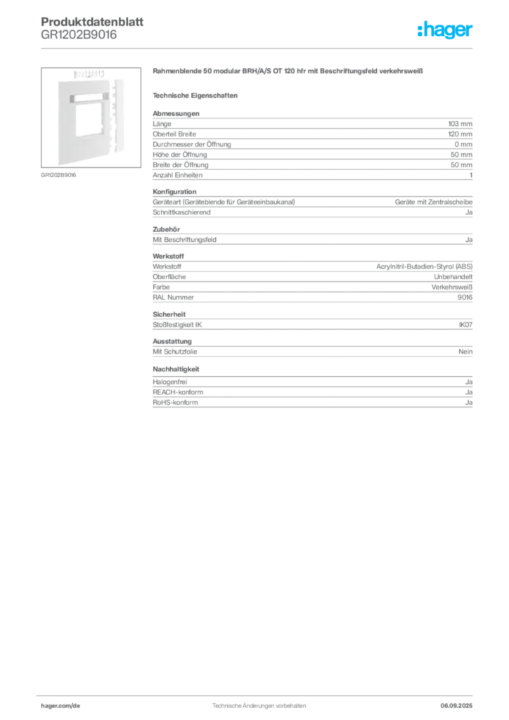 Bild Hager Produktdatenblatt GR1202B9016 | Hager Deutschland