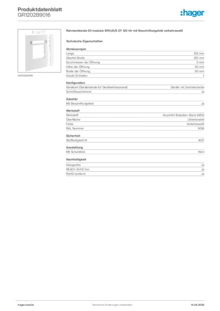 Bild Hager Produktdatenblatt GR1202B9016 | Hager Deutschland