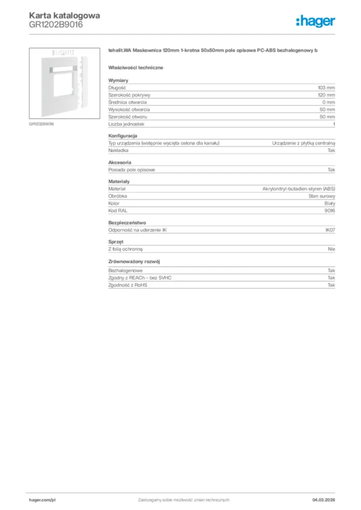 Zdjęcie Hager Karta katalogowa GR1202B9016 | Hager Polska