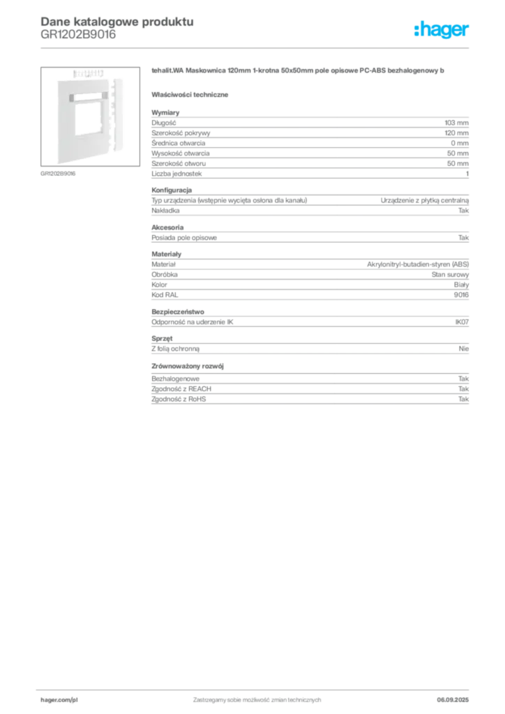 Zdjęcie Hager Dane katalogowe produktu GR1202B9016 | Hager Polska