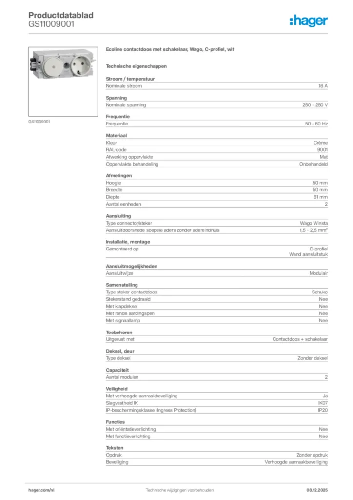 Afbeelding Hager Productdatablad GS11009001 | Hager Nederland