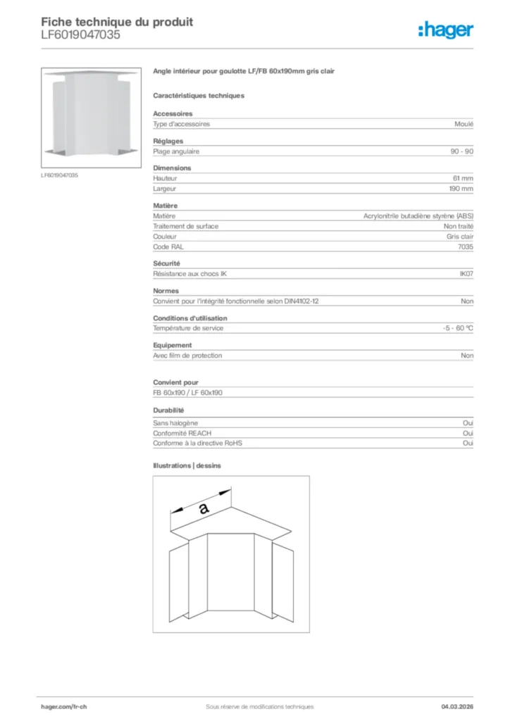 Image Hager Fiche technique du produit LF6019047035 | Hager Suisse