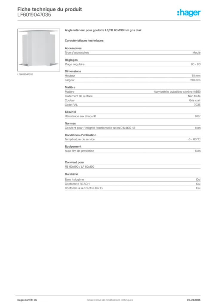 Image Hager Fiche technique du produit LF6019047035 | Hager Suisse