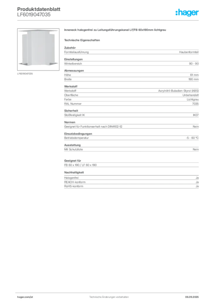 Bild Hager Produktdatenblatt LF6019047035 | Hager Deutschland