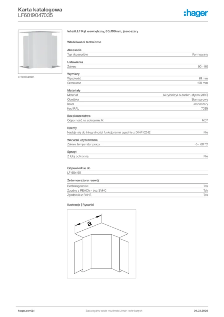 Zdjęcie Hager Karta katalogowa LF6019047035 | Hager Polska