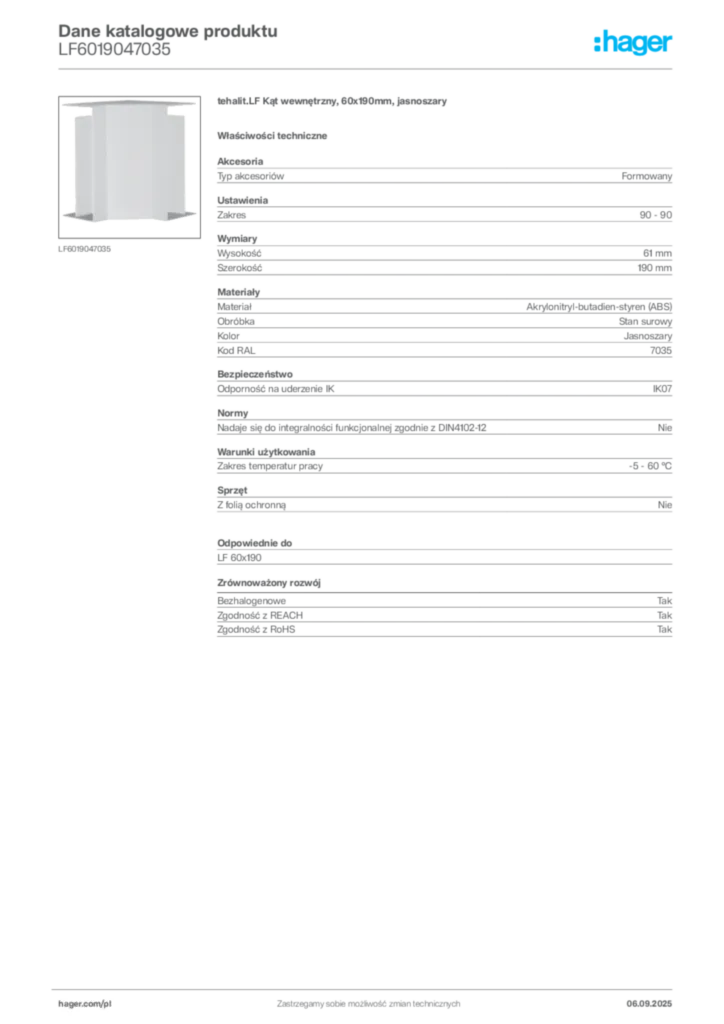 Zdjęcie Hager Dane katalogowe produktu LF6019047035 | Hager Polska