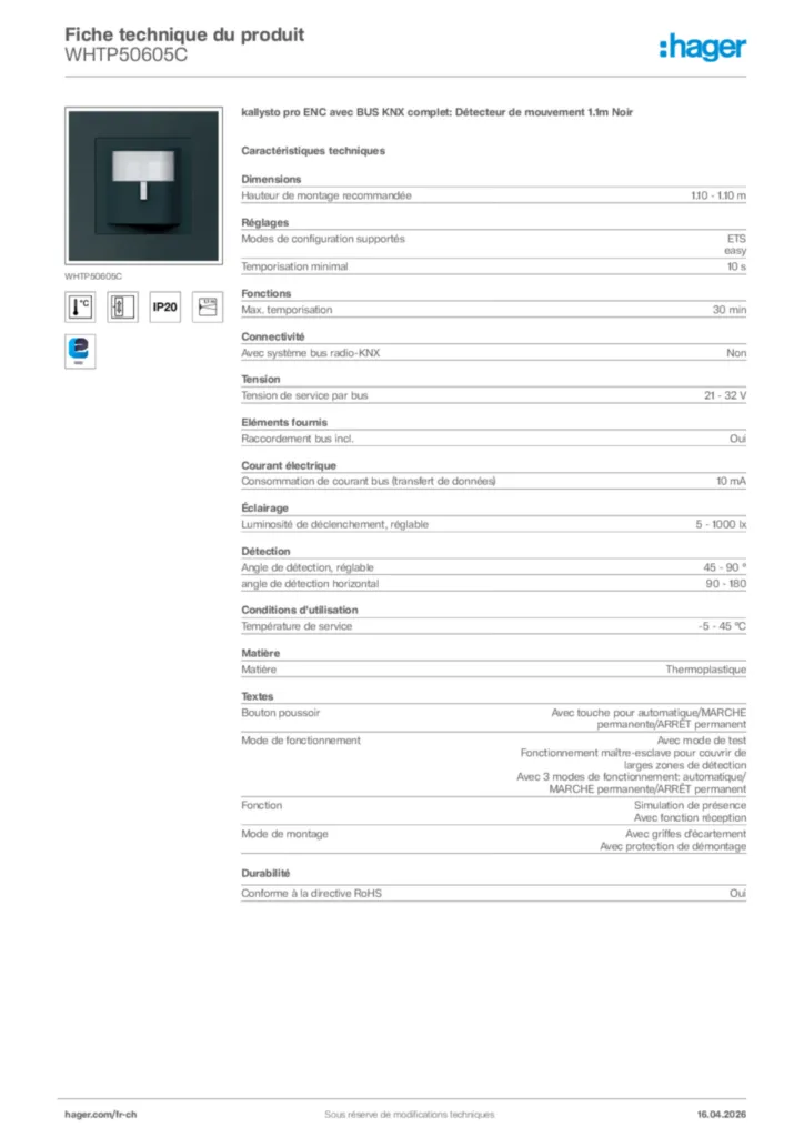 Image Hager Fiche technique du produit WHTP50605C | Hager Suisse