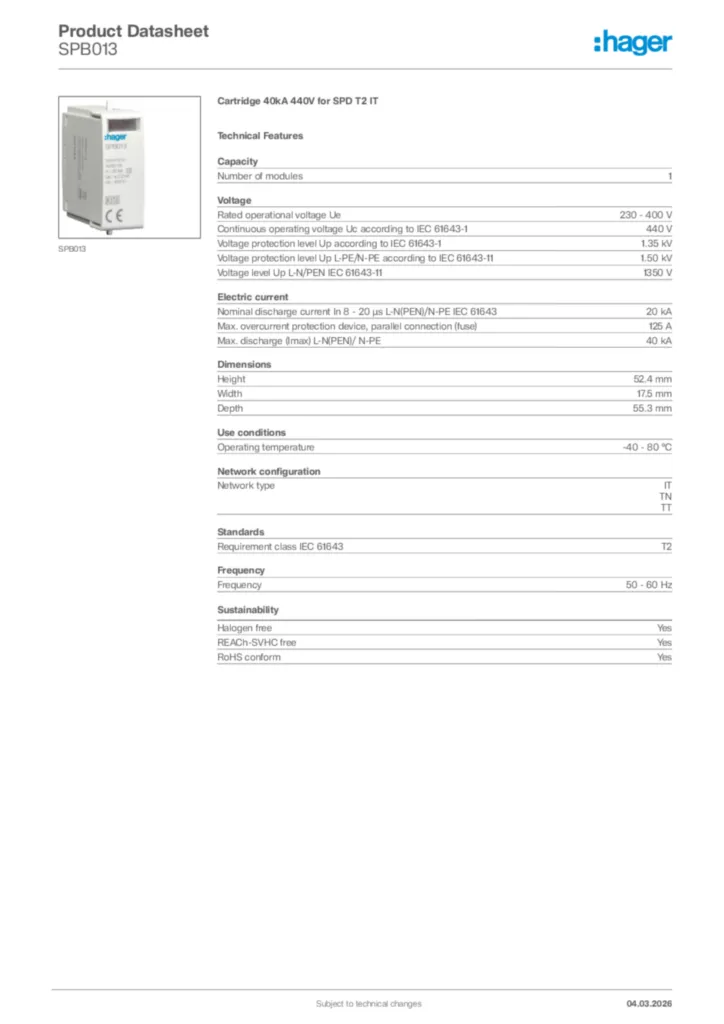 Image Hager Product data sheet SPB013  | Hager Africa